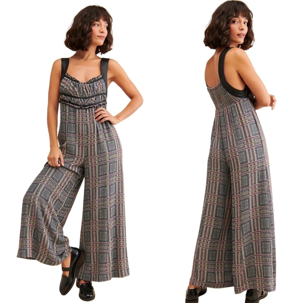 Free People Jumpsuit Womens XS Marley Plaid Wide Leg Smocked Boho Dark Academia